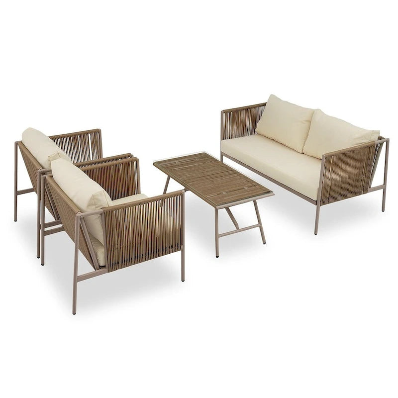 4-teilige Outdoor-Lounge-Garnitur aus Seil für 4 Personen mit Auflagen und Glastisch