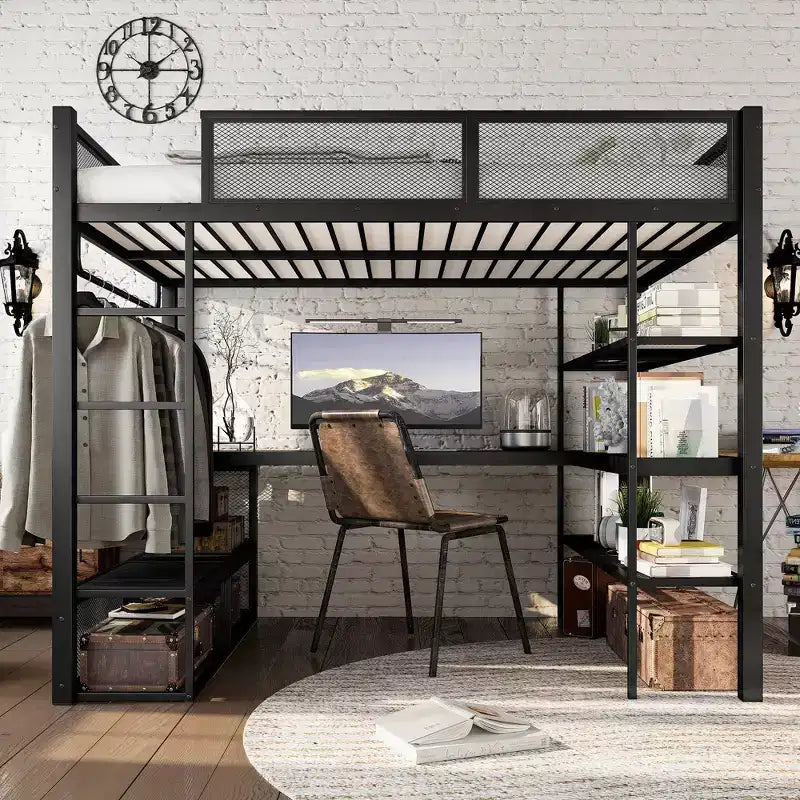 Bellemave Queensize-Metallhochbett mit Schreibtisch, Ablagefächern und Kleiderstange, platzsparendes Hochbettgestell mit Schutzgittern und Leiter, kein Lattenrost erforderlich, Schwarz