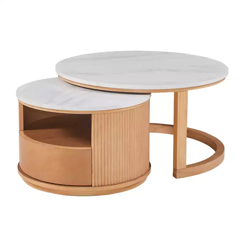 Moderner Couchtisch in Nesting-Bauweise mit Schublade, runder Wohnzimmertisch mit Stauraum