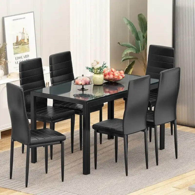 Grondin 7-teiliges Esszimmer-Set im modernen Stil mit Tischplatte aus gehärtetem Glas und 6 Stühlen mit PU-Lederpolsterung