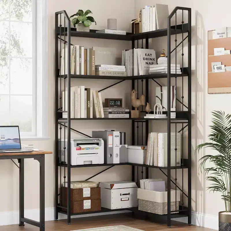 L-förmiges Eckregal, Industrie-Design Eckregal, fünfetagiges L-förmiges Bücherregal mit Perlen-Dekor, geeignet für Wohnzimmer