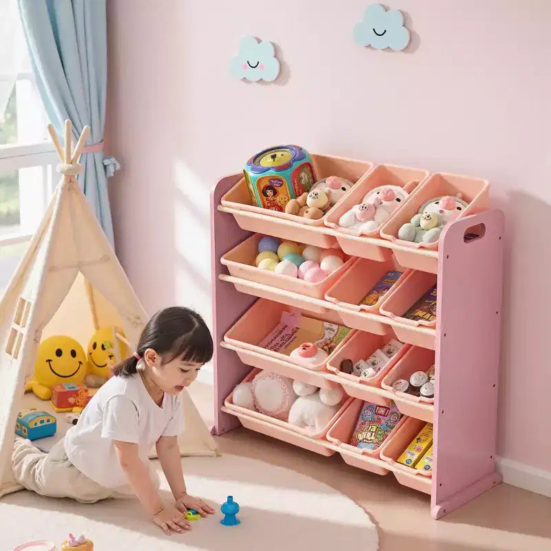 VECELO Kinder-Bücherregal mit Spielzeugaufbewahrung und 12 Körben, Spielzeugregal aus Holz für Kleinkinder, geräumige Spielzimmeraufbewahrung für Bücher oder Spielzeug