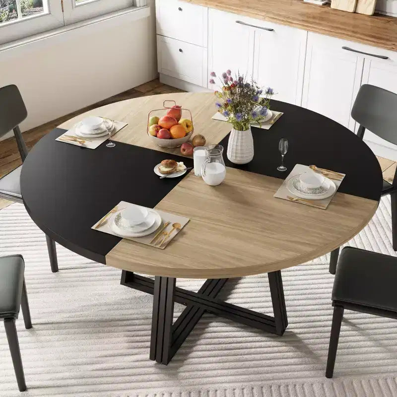 Runder Esstisch für 4-6 Personen, 47 Küchen-Esstisch mit Ablagefach, Holztisch mit Metallgestell für Zuhause und Wohnzimmer, ohne Stühle