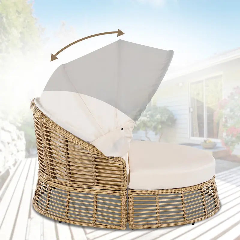 Rundes Outdoor-Rattan-Tagesbett mit Sonnendach und abnehmbaren Kissen
