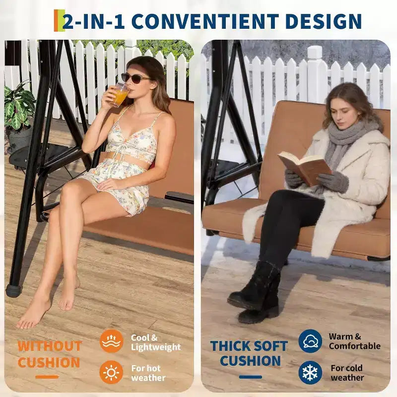 Verstellbarer Outdoor-Doppelsitz-Schaukelstuhl mit Sonnendach, gepolsterter Sitzfläche und robustem Eisengestell – wetterbeständige Gartenbank für Terrasse, Balkon oder Garten