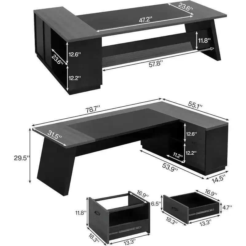 Lantine Modern 78 L-förmiger Chefschreibtisch mit Schubladen und seitlichem Aktenschrank