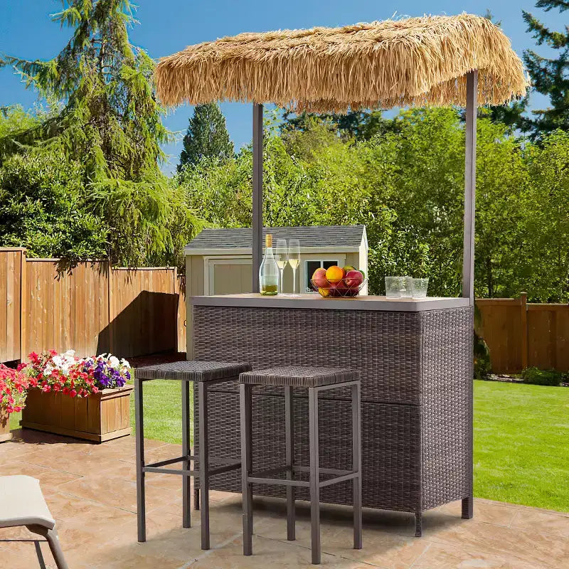 EROMMY Outdoor Tiki-Bar-Set, Rattan-Terrassenbar mit 2 Barhockern, Ablagefach für Hinterhof, Poolbereich und Garten