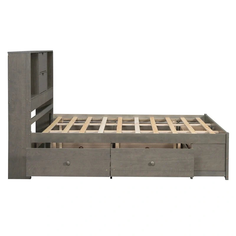 Graues modernes Queen-Size-Holzbett mit Stauraum-Kopfteil und 8 Schubladen