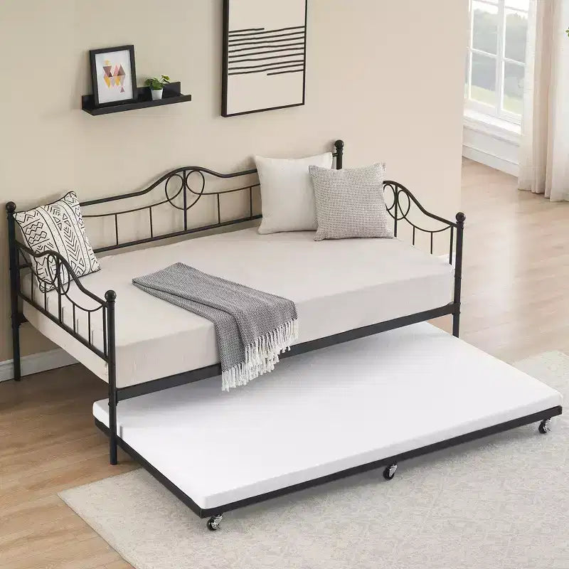 Tagesbett mit Ausziehbett, Metall-Tagesbett mit Gästebett, Tagesbett mit Ausziehbarem Bettrahmen, Sofa mit Stahl-Lattenrost für Kinder, Jugendliche und Erwachsene