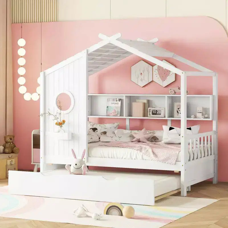 Hausbett für Kinder in Twin-Größe mit Ausziehbett und Ablagefach, Weiß