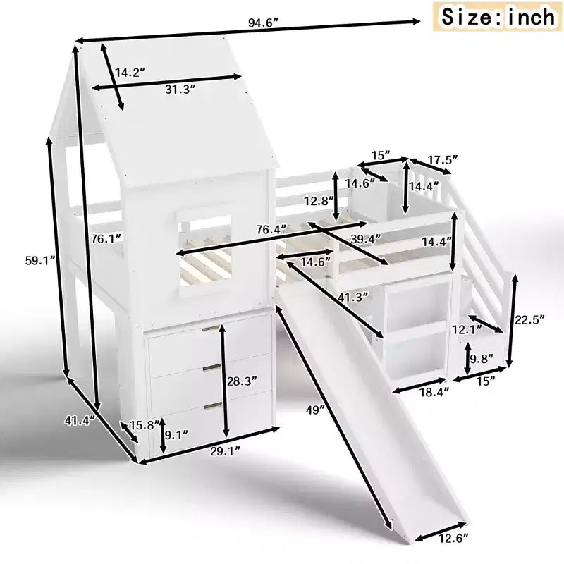 Einzel-Hochbett mit 3 Schubladen und Treppenregal, Hausbett-Gestell aus Holz mit Rutsche und herausziehbarem Schreibtisch
