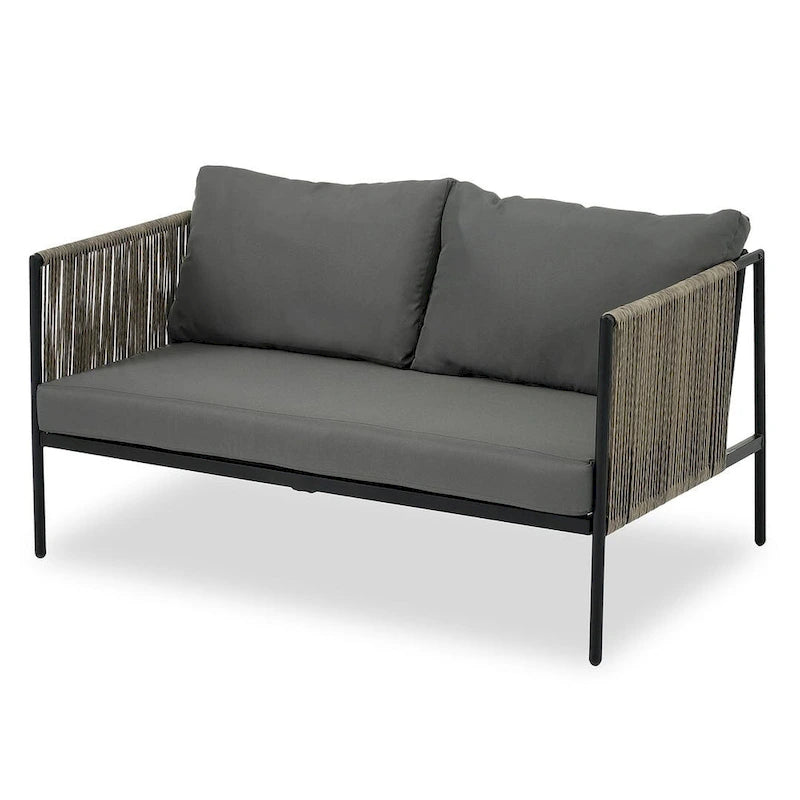 4-teilige Outdoor-Lounge-Garnitur aus Seil für 4 Personen mit Auflagen und Glastisch