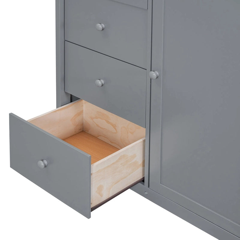 Graues Hochbett aus Holz in Standardgröße mit Kleiderschränken, Schubladen und Treppe mit Stauraum