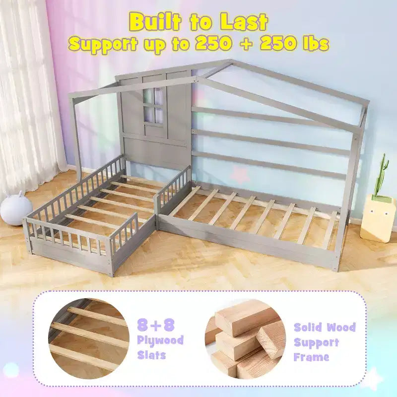 L-förmiges Etagenbett-Set mit Haus-Design, Fenster und Zäunen – Grau/Weiß