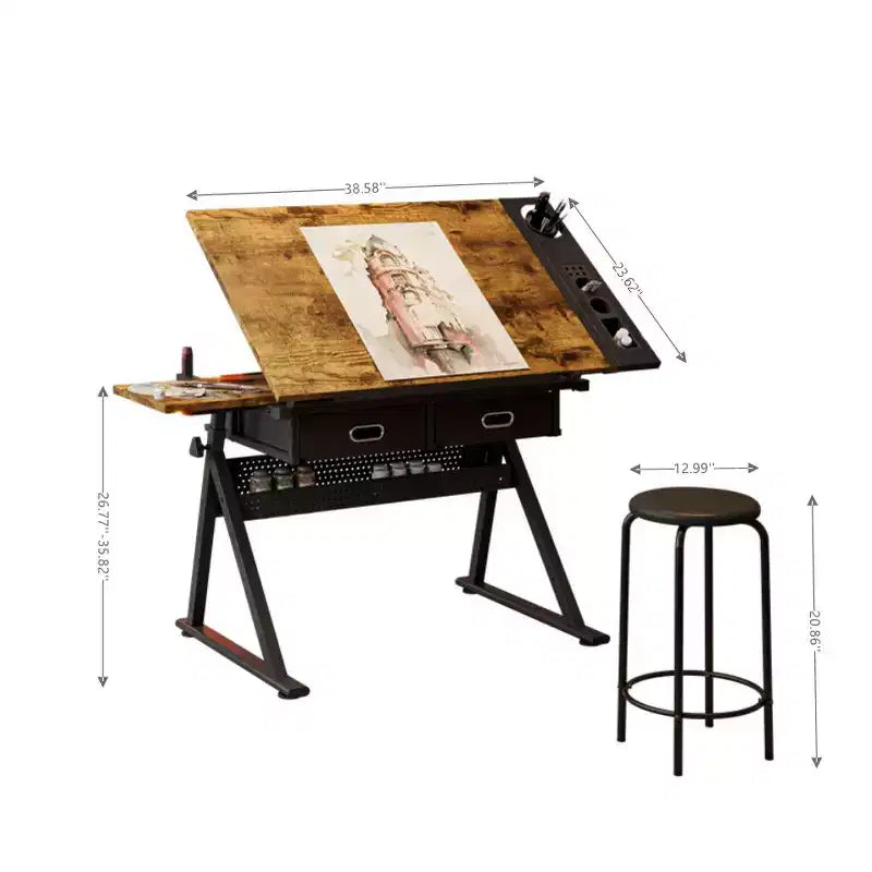 Verstellbarer Zeichen- und Tischesschreibtisch mit 2 Schubladen für Homeoffice und Schule mit Hocker (braun)