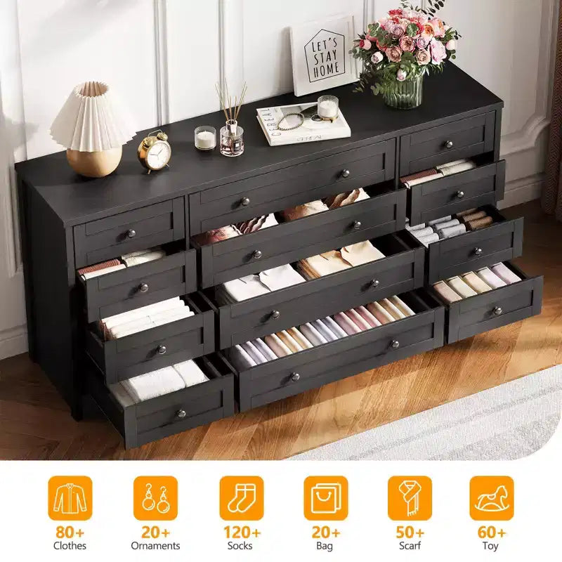 Kommode mit 12 Schubladen für das Schlafzimmer, aus Holz, moderner breiter TV-Ständer für 65-Zoll-Fernseher, Holz-Schubladenkommode, Landhausstil-Kleiderschrank für das Wohnzimmer