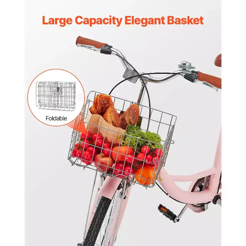 VEVOR Beachcruiser, 1-Gang, 26-Zoll Damen-Fahrrad in Pink mit großem Korb und Gepäckträger, sicheres und stabiles Citybike, Pink