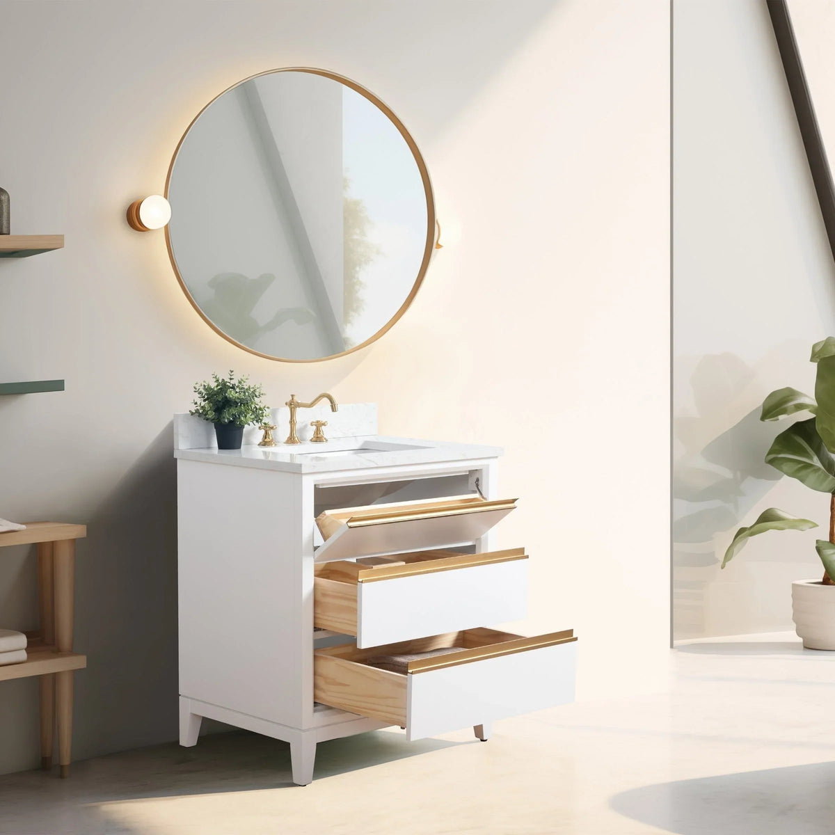 Vanity Art Badezimmerschrank mit Keramikwaschbecken und Platte aus technischem Marmor