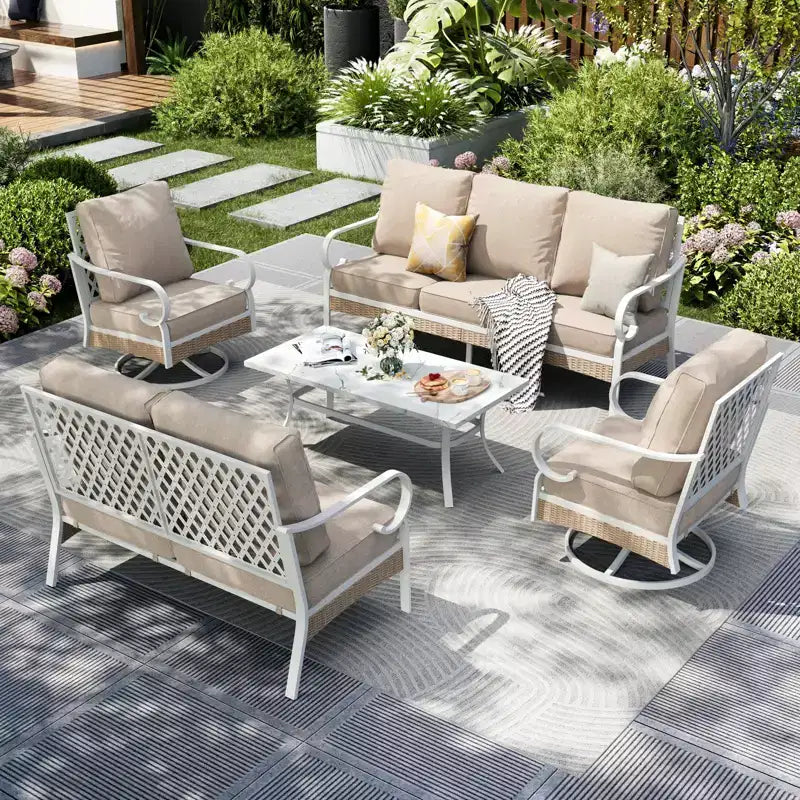 Captiva Designs 5-teiliges extra großes Outdoor-Lounge-Set aus Metall und Rattan mit drehbaren Sesseln mit Gitterrückenlehne und 2-Sitzer-Sofa