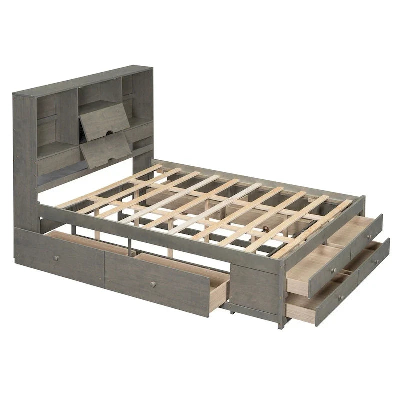 Graues modernes Queen-Size-Holzbett mit Stauraum-Kopfteil und 8 Schubladen