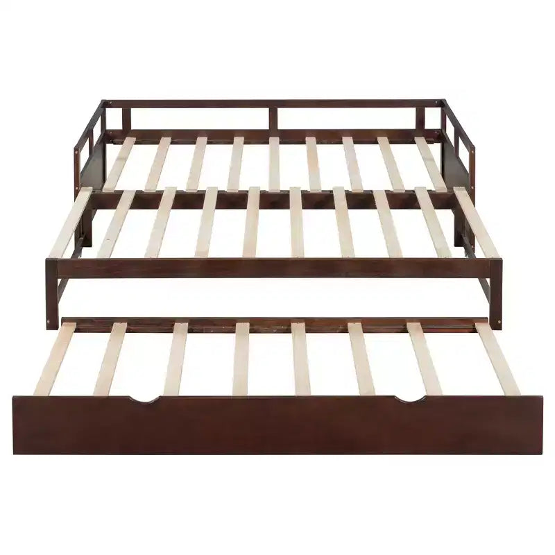 Okak Twin Size ausziehbares Design-Tagesbett mit Bettkasten/Schubladen & Sicherheitsgitter, Massivholz-Plattformbettgestell für Teenager, Erwachsene