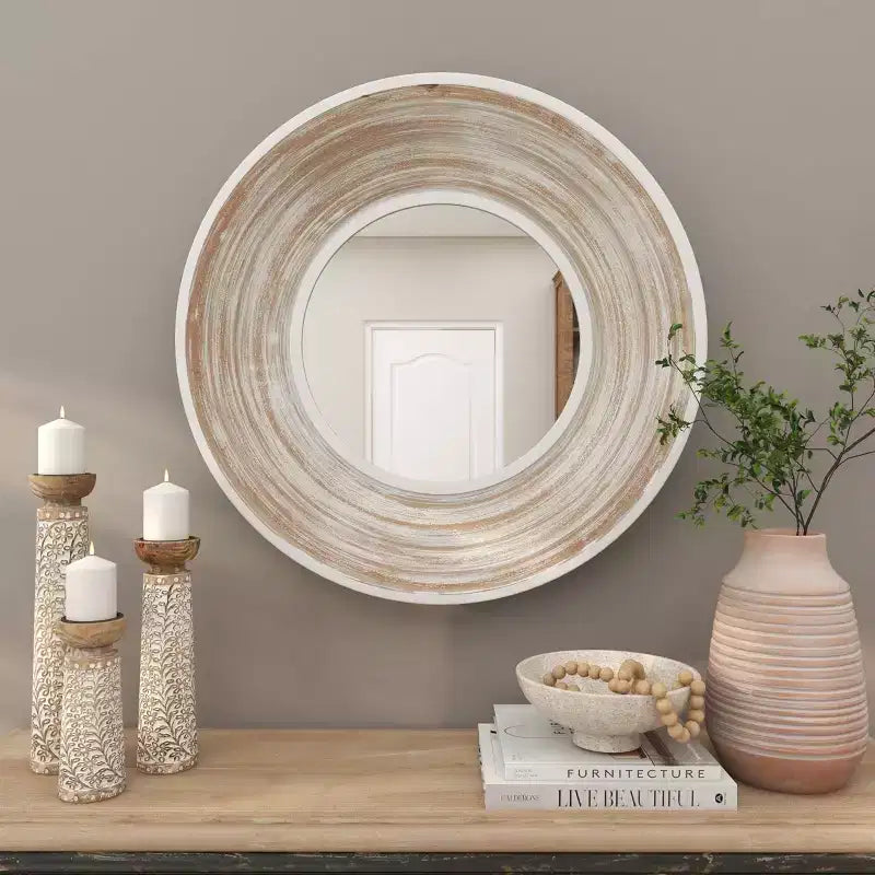 35x35 Wandspiegel aus Holz mit weiß gekalkter Optik in Creme – Olivia & May: Keine Montage erforderlich, MDF-Rahmen, für den Innenbereich