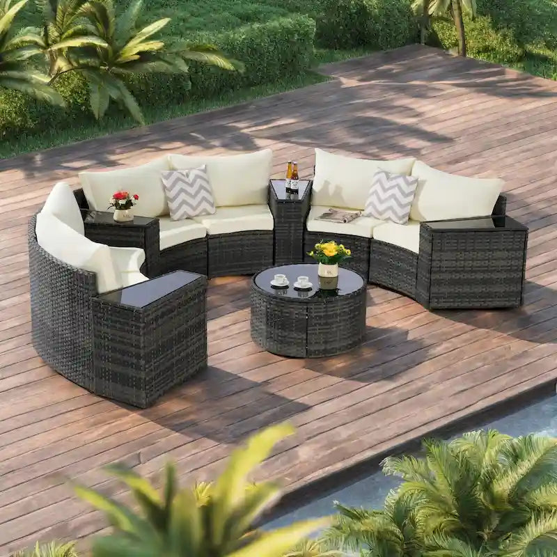11-teiliges modulares Outdoor-Sofa-Set mit halbrunden Elementen, Couchtisch aus gehärtetem Glas und 4 Beistelltischen