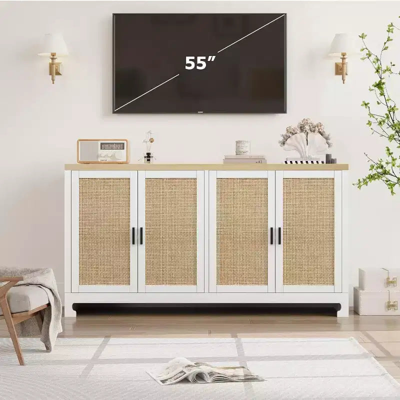 4-türiger Aufbewahrungsschrank aus Geflecht, Buffet-Sideboard mit Ablage, Kaffeebar-Konsole für Küche, Ess- & Wohnzimmer, 36H