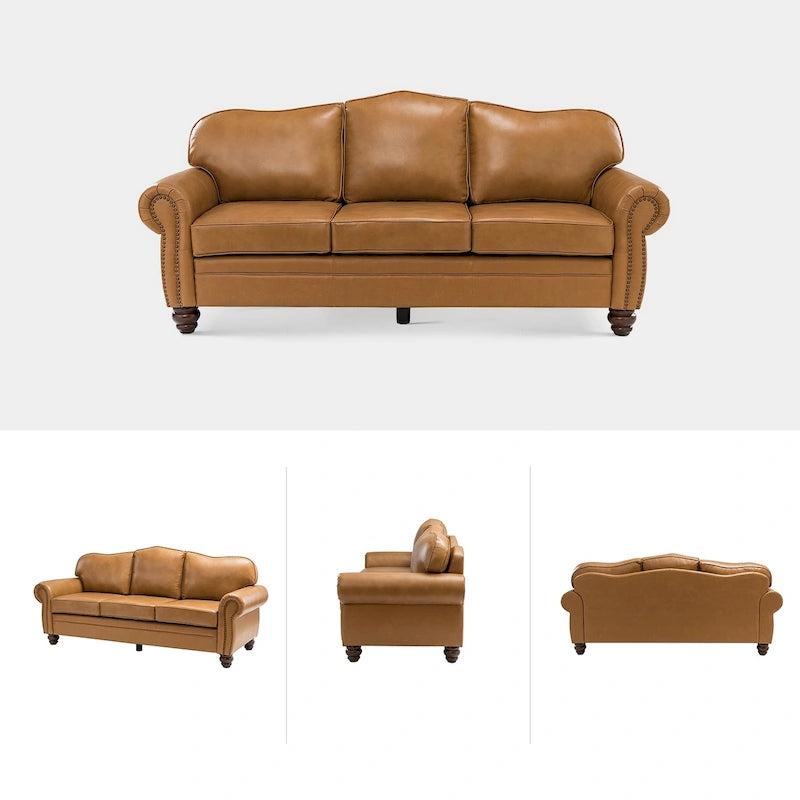 Balvino 81 Zoll breites Übergangs-Sofa aus echtem Leder mit Rollarmlehnen, Nagelkopfbeschlägen und abnehmbaren Kissen