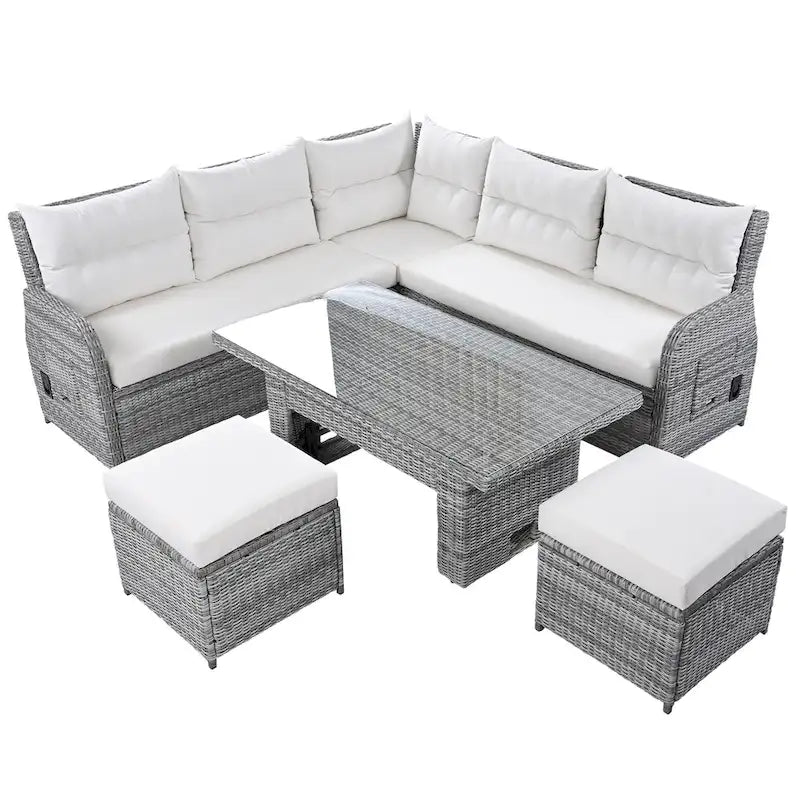 Outdoor-Rattan-Ecksofa-Set mit verstellbarem Tisch und Relaxsesseln
