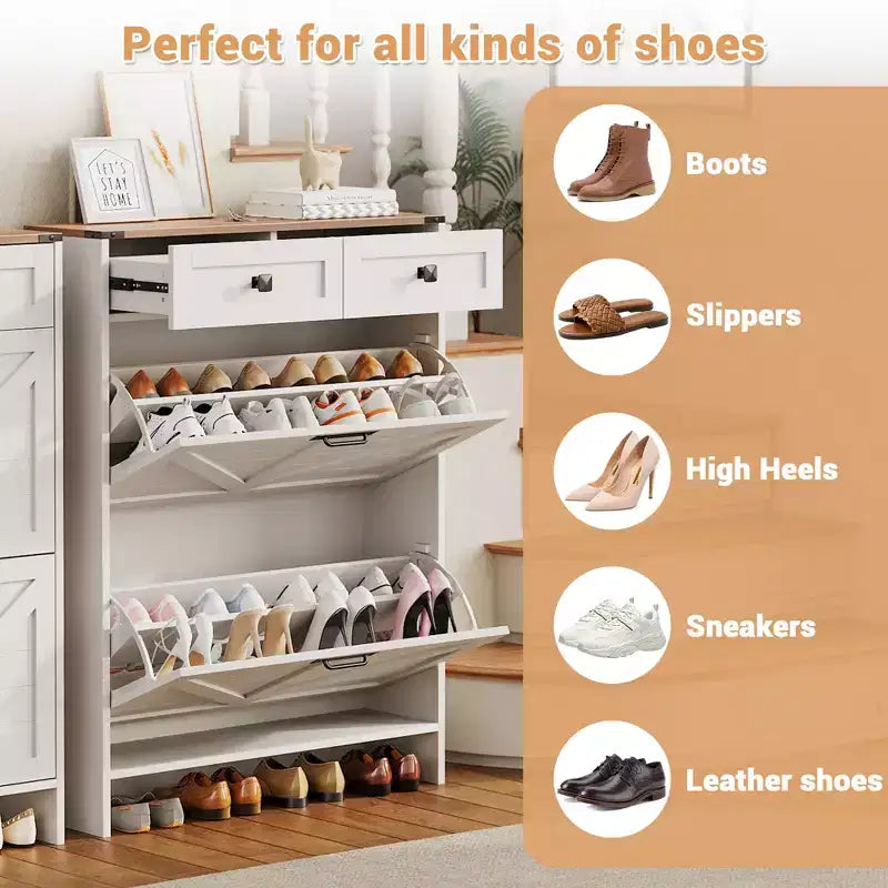 Schlanker Schuhschrank mit 2 Schubladen und 2 Türen, freistehend
