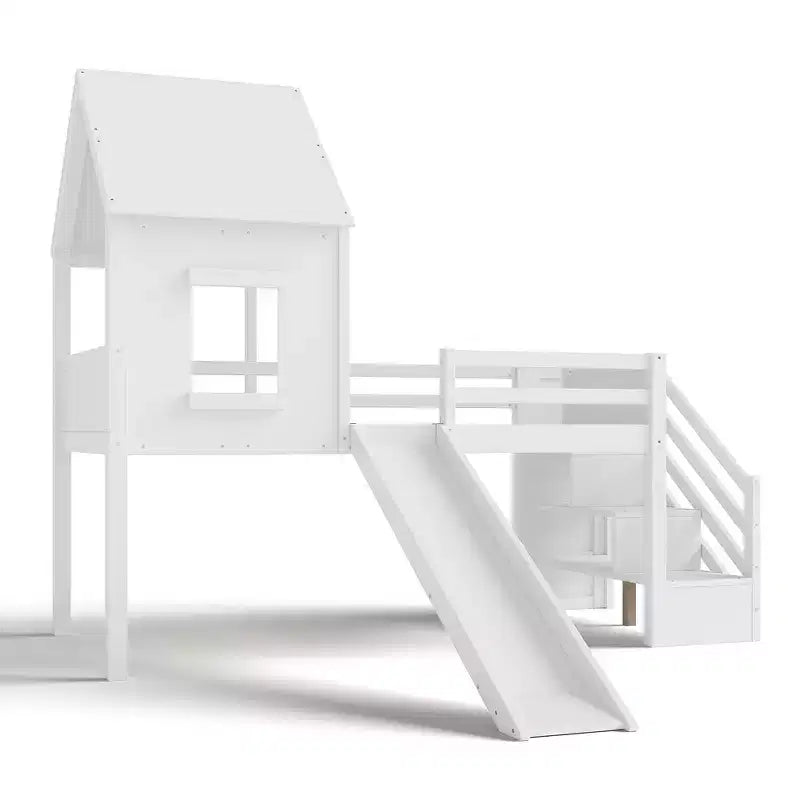 Einzel-Hochbett mit 3 Schubladen und Treppenregal, Hausbett-Gestell aus Holz mit Rutsche und herausziehbarem Schreibtisch