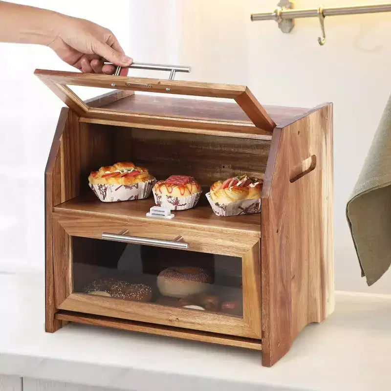 Brotkasten, zweistöckige Brotdose aus Akazienholz mit transparenter Acryl-Türblende, Lüftungsschlitzen, Brotaufbewahrung für die Küchenarbeitsplatte, rustikaler brauner Brotkasten