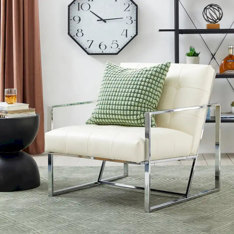 Glitzhome 77,5 cm hoher Mid-Century Akzentstuhl in Creme, PU-Leder mit Knopfheftung und verchromtem Gestell