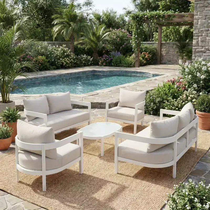 Christopher Knight Home Althea 5-teilige moderne, geschwungene Aluminium-Lounge-Garnitur für den Außenbereich mit Glastisch