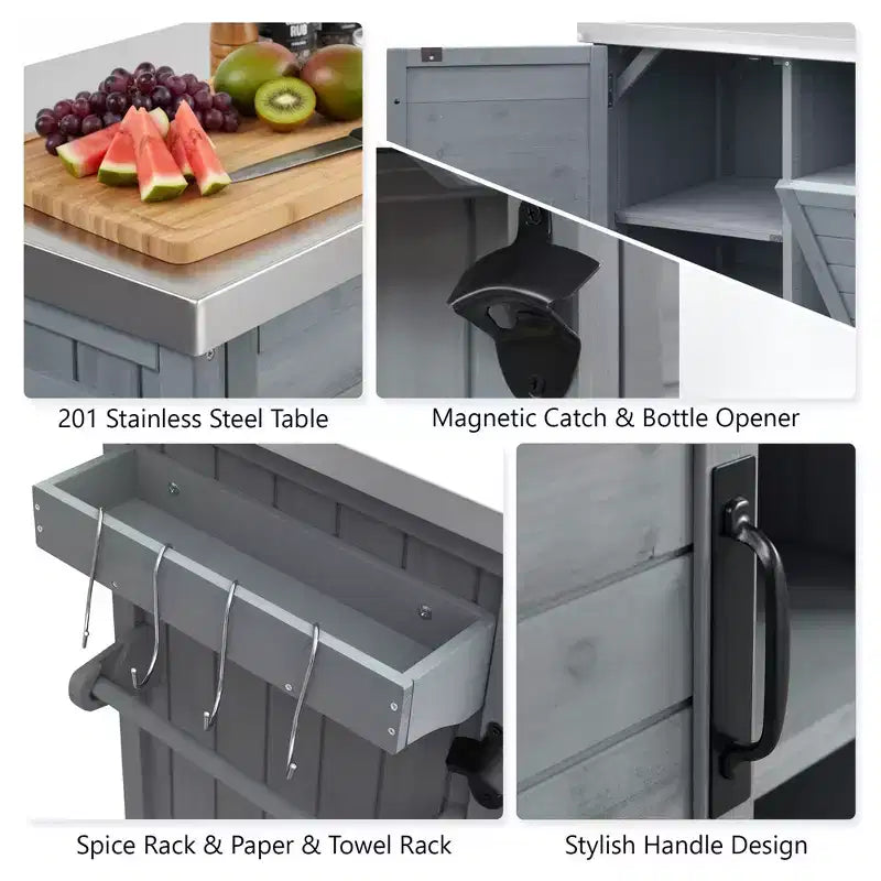 Outdoor-Kücheninsel mit klappbarem Seitentisch, Outdoor-Grillwagen mit Edelstahlplatte, versteckter Müllschrank für Rasen & Garten