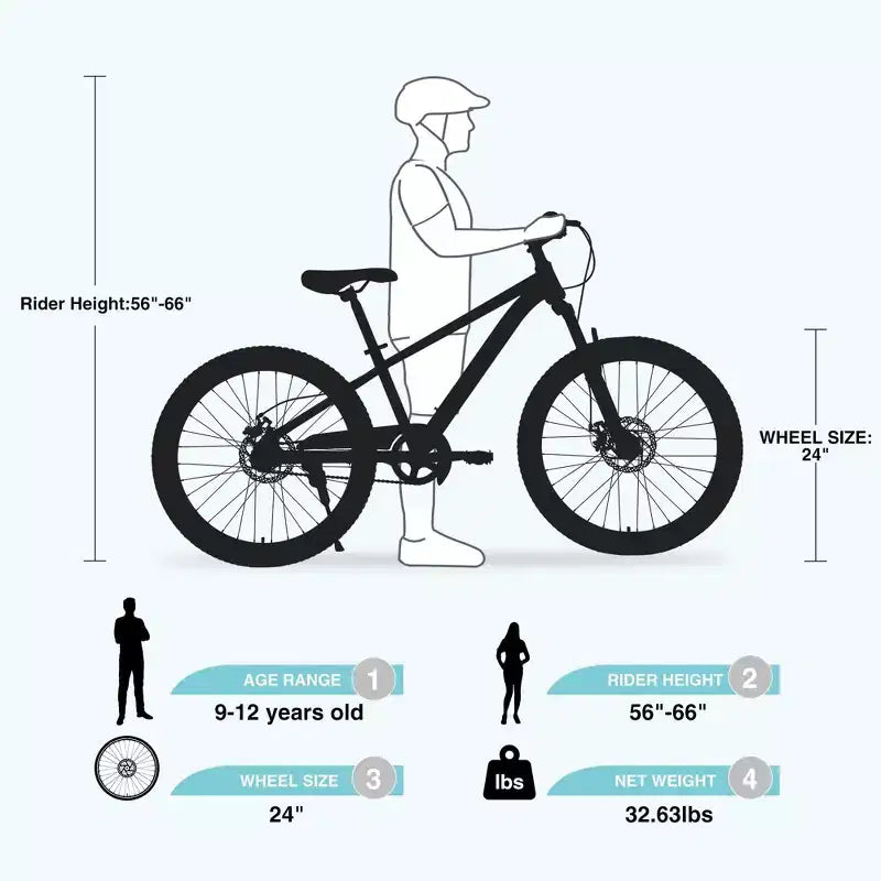 NAYSAYE 24 Zoll Mountainbike Kinderfahrrad mit Federgabel und Stahlrahmen für Kinder von 9 bis 12 Jahren, Cyan, 162 * 63 * 94,5 cm