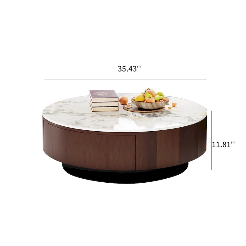 35 Moderner runder Couchtisch in Marmoroptik, Tischplatte aus weißem, glänzendem Sinterstein, Mid-Century-Tisch mit Massivholzschublade
