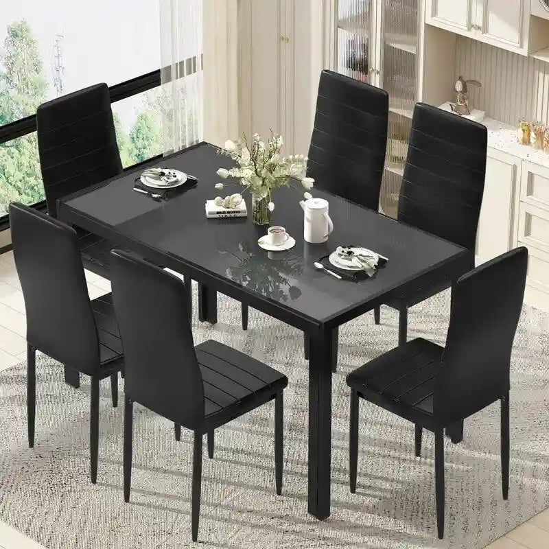 Grondin 7-teiliges Esszimmer-Set im modernen Stil mit Tischplatte aus gehärtetem Glas und 6 Stühlen mit PU-Lederpolsterung
