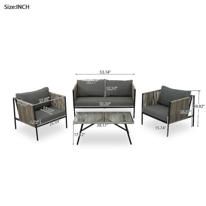 4-teilige Outdoor-Lounge-Garnitur aus Seil für 4 Personen mit Auflagen und Glastisch