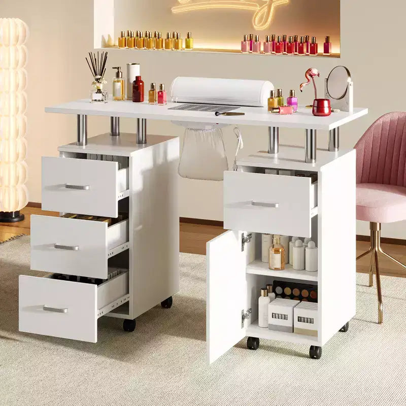 Maniküretisch mit Staubabsaugung, feststellbaren Rollen, Handgelenkauflage und Stauraum für Zuhause, Nagelstudios und Kosmetiksalons