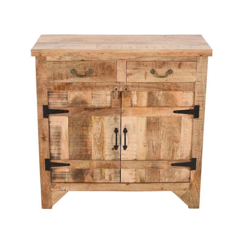 99 cm handgefertigte Farmhouse-Konsole aus Mangoholz, mit 2 Schubladen und 2 Türen, rustikales Braun