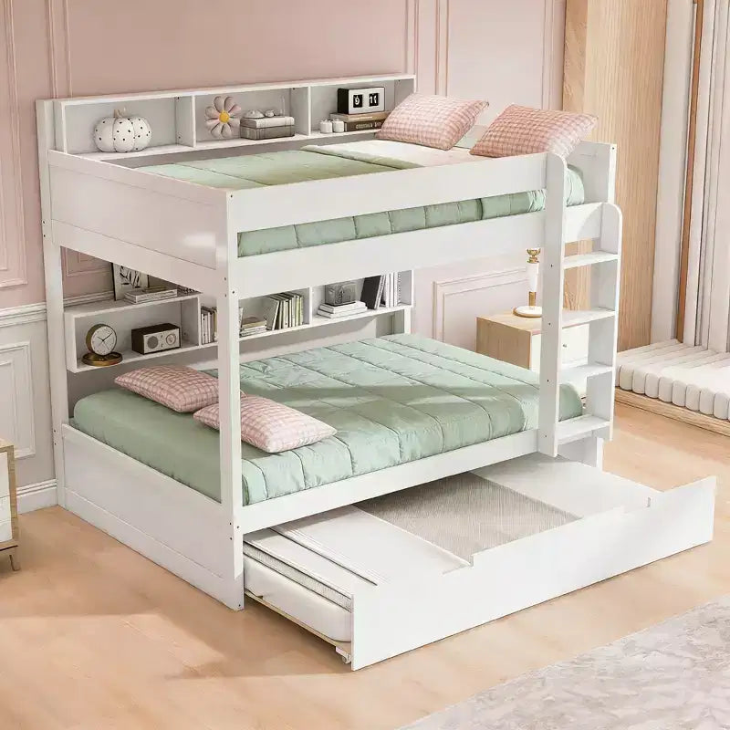 Luxystar modernes Etagenbett mit zwei vollwertigen Liegeflächen, Regalen und Ausziehbett