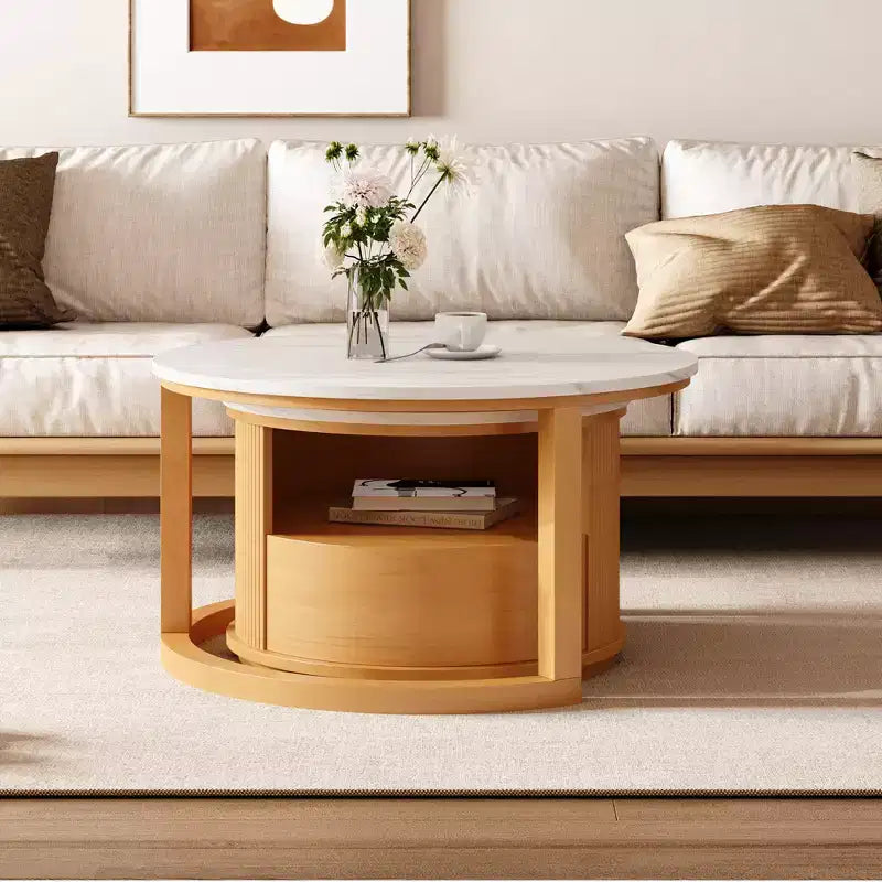Moderner Couchtisch in Nesting-Bauweise mit Schublade, runder Wohnzimmertisch mit Stauraum