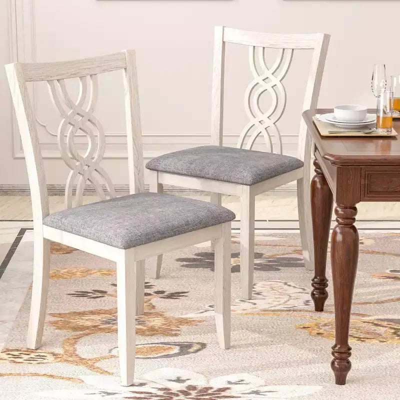 VECELO Rustikale Esszimmerstühle aus Holz, Küchenstühle aus Kautschukholz mit gepolsterter Sitzfläche und eleganter, durchbrochener Rückenlehne, Grau