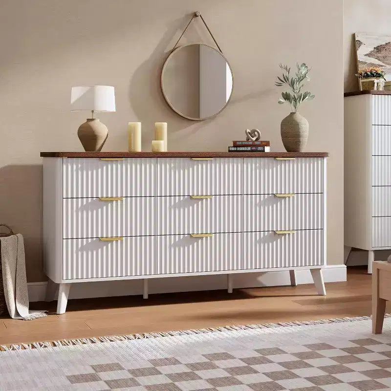 Geriffelte 9-Schubladen-Kommode, 60,6 breite Holzkommode mit tiefem Stauraum, für Schlafzimmer, Wohnzimmer oder Flur