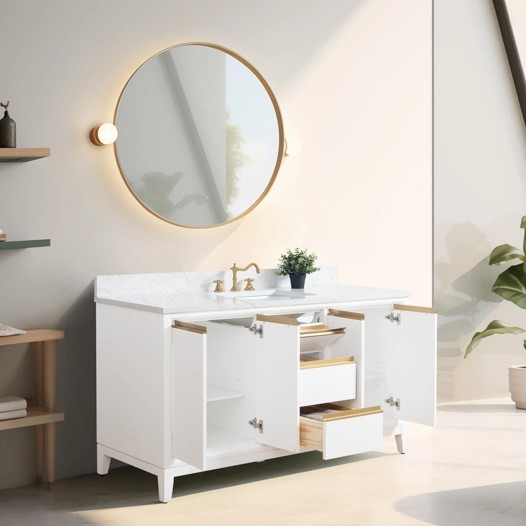 Vanity Art Badezimmerschrank mit Keramikwaschbecken und Platte aus technischem Marmor