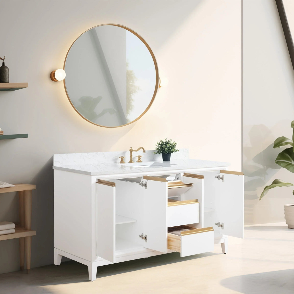 Vanity Art Badezimmerschrank mit Keramikwaschbecken und Platte aus technischem Marmor