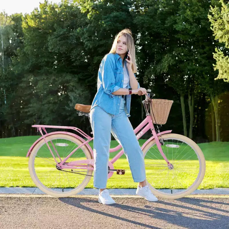 NAYSAYE 24 Zoll Mädchen-Cruiser-Fahrrad, Speed-Hybrid-Citybike für Jugendliche von 7-10+ Jahren mit Weidenkorb & Gepäckträger, Kinderfahrrad