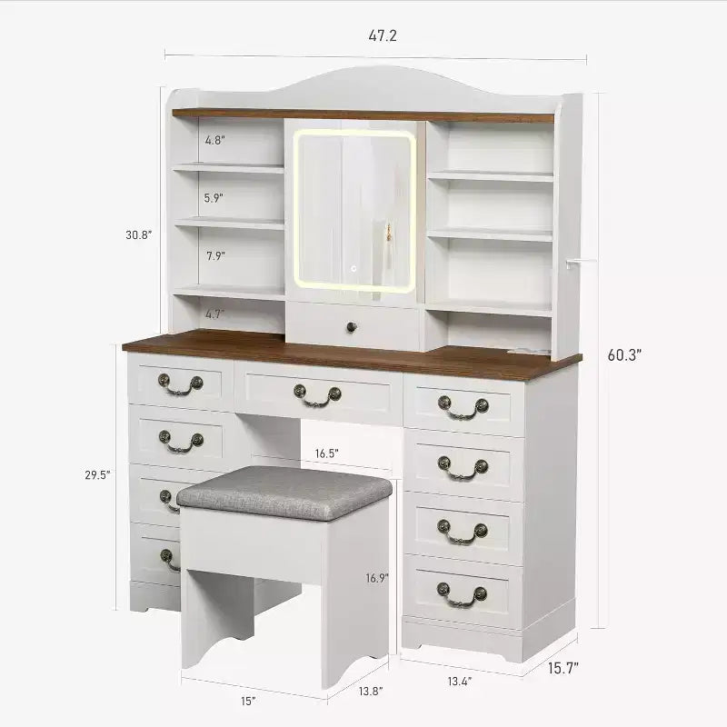 Schminktisch mit 10 Schubladen und Spiegel, Walnussholz-Optik mit 10 Ablagen und Hocker, fürs Schlafzimmer, einfache Montage